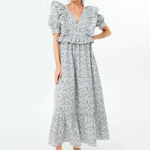 Floral Midi Dress in Blue and White